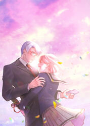  1boy blush bob_cut chiroru cloud confetti cowboy_shot day diploma dutch_angle embarrassed facing_another female floating_hair formal glasses graduation habataki_academy_school_uniform hand_on_another&#039;s_arm handkerchief happy height_difference highres himuro_reiichi holding holding_handkerchief hug long_sleeves looking_at_another looking_down miniskirt necktie open_mouth parted_lips pink_hair pleated_skirt profile protagonist_(tokimemo_gs) purple_hair red_necktie school_uniform serafuku short_hair skirt sky straight suit surprised teacher_and_student tears tokimeki_memorial tokimeki_memorial_girl&#039;s_side tube wind 