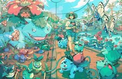  alolan_exeggutor beautifly bracelet brock_(pokemon) brown_hair bryce_kho bulbasaur butterfree caterpie cherubi cloud combee day diglett eevee exeggutor feebas floette floette_(red_flower) flower flying gloom_(pokemon) green_theme hair_flower hair_ornament hat highres ho-oh ivysaur jewelry kasumi_(pokemon) lotad magikarp oddish original outdoors petilil pidgey pikachu pokemon pokemon_(anime) pokemon_(classic_anime) pokemon_(creature) psyduck satoshi_(pokemon) seedot shirt shoes shorts sign sky socks spearow straw_hat sun_hat sunkern suspenders tree venusaur vileplume walking water yanma 