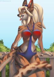  anthro big_breasts blonde_hair breasts claws clothed clothing diaminerre digital_media_(artwork) fangs felid feline female hair looking_at_viewer mammal open_mouth outside simple_background solo stripes swimwear teeth tongue tongue_out yellow_eyes 