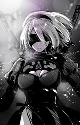  cleavage dress kojima_saya monochrome nier_automata sword yorha_no.2_type_b 