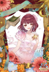  :d anniversary atelier_(series) atelier_sophie blue_flower book border breasts cleavage copyright_name cowboy_shot dress female floating floating_object flower hair_flower hair_ornament hand_up holding holding_star jewelry logo looking_at_viewer necklace noco_(adamas) official_alternate_costume official_art open_book open_mouth picture_frame pink_dress pink_flower plachta puni_(atelier) red_flower short_hair smile solo sophie_neuenmuller standing star_(symbol) star_necklace 