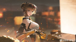  :d bare_shoulders blue_eyes blurry blurry_background breasts bridget_(punishing:_gray_raven) brown_hair collared_leotard eyewear_on_head female from_side hair_bun highres large_breasts leotard light_particles looking_at_viewer mechanical_arms necktie night night_sky official_art orange_necktie punishing:_gray_raven short_hair sideboob sky sleeveless_leotard smile solo sunglasses upper_body weibo_logo weibo_watermark white_leotard xtears_kitsune 