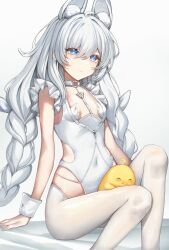  absurdres animal_ears azur_lane blue_eyes braid breasts female hair_between_eyes highres le_malin_(azur_lane) long_hair manjuu_(azur_lane) onedr pantyhose sitting small_breasts solo star-shaped_pupils star_(symbol) symbol-shaped_pupils twin_braids white_hair white_pantyhose wrist_cuffs 