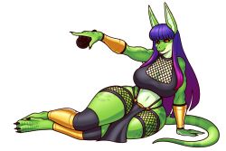  2024 alien anthro arm_support big_breasts blazbaros bottomwear breasts clothing electronics feet female green_body hair legwear lizard loincloth long_hair microphone midriff navel orange_eyes pink_hair pose purple_hair reptile scalie solo thick_thighs wide_hips yokozuwari 