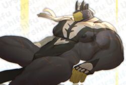  abs anthro armpit_hair bear black_body black_fur black_nipples body_hair bulge fur generation_8_pokemon gloves_(marking) grey_body grey_fur hi_res huzzhuz legendary_pokemon lying male mammal markings muscular muscular_male nintendo nipples on_back pecs pokemon pokemon_(species) scar solo urshifu white_body white_fur yellow_body yellow_fur 