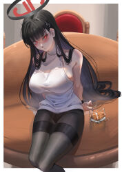  absurdres alcohol black_panties blue_archive blunt_bangs blush border breasts commentary cup drinking_glass female grey_pantyhose hair_flowing_over hair_ornament halo highres large_breasts long_hair looking_at_viewer otak_raptor outside_border panties panties_under_pantyhose pantyhose red_eyes rio_(blue_archive) sitting sitting_on_table sleeveless sleeveless_sweater solo sweater turtleneck turtleneck_sweater twitter_username underwear watermark whiskey white_border white_sweater 