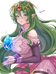  breasts cape cleavage dress female fire_emblem fire_emblem:_mystery_of_the_emblem fire_emblem:_new_mystery_of_the_emblem green_eyes green_hair hair_between_eyes highres jewelry large_breasts long_hair nagi_(fire_emblem) pink_cape pink_dress pointy_ears solo tiara zqzbq 