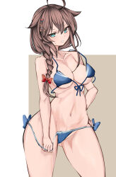  absurdres ahoge bikini blue_bikini blue_eyes braid brown_hat commentary_request dauni_no_dami_no_koumori female front-tie_bikini_top front-tie_top hair_between_eyes hair_flaps hair_over_shoulder hat highres kantai_collection long_hair official_alternate_costume shigure_(kancolle) shigure_kai_san_(kancolle) shigure_kai_san_(swimsuit)_(kancolle) side-tie_bikini_bottom single_braid solo swimsuit 