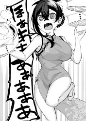  @_@ absurdres bare_arms bare_legs bare_shoulders breasts china_dress chinese_clothes commentary_request crossed_bangs dorobou-chan dress female folded_ponytail food_request foot_out_of_frame greyscale hair_ribbon highres hitotose_hirune holding large_breasts leg_up monochrome nemukata_(dorobou-chan) open_mouth pelvic_curtain ribbon solo sweat translation_request tripping 