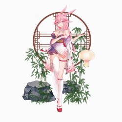  absurdres animal_ears bamboo bare_shoulders breasts cleavage closed_mouth female fox_ears full_body highres holding holding_lantern honkai_(series) honkai_impact_3rd japanese_clothes kimono lantern large_breasts long_hair looking_at_viewer off_shoulder okobo pink_kimono ribbon-trimmed_sleeves ribbon-trimmed_thighhighs ribbon_trim rock sandals simple_background solo standing standing_on_one_leg thigh_strap thighhighs unique-blueberry white_background white_thighhighs yae_sakura 