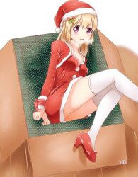  22/7 arms_behind_back blonde_hair blush bound bound_wrists bow box breath cardboard_box christmas dress feet_out_of_frame female from_above fujima_sakura fur-trimmed_dress fur-trimmed_headwear fur_trim gabrieltenma77 hair_ornament hat high_heels highres in_box in_container long_hair long_sleeves looking_at_viewer lying open_mouth purple_eyes red_bow red_dress red_footwear santa_costume santa_dress santa_hat solo thighhighs white_thighhighs wooden_floor 