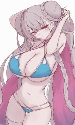  1006kbps absurdres aqua_bikini azur_lane bikini braid braided_bun choker criss-cross_halter double_bun feather_boa female formidable_(azur_lane) formidable_(the_lady_of_the_beach)_(azur_lane) hair_bun halterneck highres long_hair multi-strapped_bikini_bottom multi-strapped_bikini_top official_alternate_costume pink_choker red_eyes single_thighhigh skindentation solo swimsuit thighhighs very_long_hair 