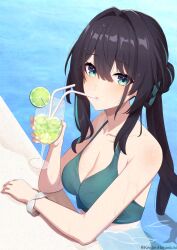  bare_shoulders bikini black_hair breasts cleavage cup drink drinking_straw female green_bikini green_eyes hair_between_eyes hair_intakes highres holding holding_cup honkai:_star_rail honkai_(series) kenjirohayamiti long_hair looking_at_viewer medium_breasts partially_submerged ruan_mei_(honkai:_star_rail) swimsuit upper_body water wet 