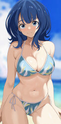  absurdres ass_visible_through_thighs bikini blue_bikini blue_eyes blue_hair blurry blurry_background blush breasts closed_mouth cowboy_shot day female highres large_breasts looking_at_viewer make_heroine_ga_oo_sugiru! navel ni_tamago_sando outdoors short_hair skindentation smile solo swimsuit thighs yanami_anna 