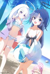  3girls absurdres bikini black_halo blue_archive frilled_bikini frills halo highres koyuki_(blue_archive) mechanical_halo multiple_girls murasame_(sword_of_nmkr) navel noa_(blue_archive) oerba_yun_fang pink_hair pink_halo purple_eyes purple_hair seminar_(blue_archive) skin_fang swimsuit white_halo yuuka_(blue_archive) 