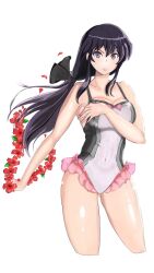  alternate_costume ayra_(fire_emblem) black_hair casual_one-piece_swimsuit cosplay elise_(fire_emblem) elise_(fire_emblem)_(cosplay) elise_(summer)_(fire_emblem) female fire_emblem fire_emblem:_genealogy_of_the_holy_war fire_emblem_fates fire_emblem_heroes flower flower_necklace frilled_one-piece_swimsuit frills highres nasuno_yo1 one-piece_swimsuit purple_eyes swimsuit 