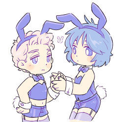  2boys animal_ear_hairband animal_ears bill_&amp;_ted blush bow bowtie bright_pupils closed_mouth detached_collar fake_animal_ears fake_tail fingernails garter_straps hairband highres holding_hands kaninfeldt limited_palette male_focus male_playboy_bunny midriff multiple_boys navel short_hair simple_background tail theodore_logan thighhighs white_background white_pupils william_s_preston_esq wrist_cuffs 