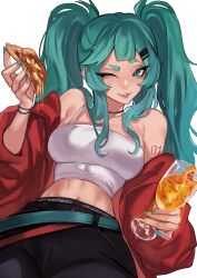  absurdres aqua_eyes aqua_hair aqua_nails black_choker black_pants camisole choker cowboy_shot female food hair_ornament hairclip hatsune_miku highres italy jacket long_hair midriff navel one_eye_closed pants parted_lips pizza red_jacket simple_background smile solo suliavtuber twintails vocaloid white_background white_camisole 