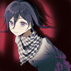  1boy arm_belt arms_behind_back blood blood_on_clothes buttons checkered_clothes checkered_scarf danganronpa_(series) danganronpa_v3:_killing_harmony flipped_hair from_side hair_between_eyes highres long_sleeves looking_at_viewer male_focus menbou_1tt multicolored_buttons oma_kokichi pink_blood purple_eyes purple_hair red_background ringed_eyes scarf shadow shirt short_hair smile solo teeth two-tone_scarf upper_body 