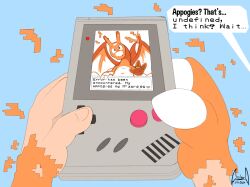  2024 ambiguous_gender anthro biped blue_background charizard claws dated dialogue digital_media_(artwork) duo electronics english_text game_boy game_boy_family game_console generation_1_pokemon handheld_console hi_res human mammal nintendo pokemon pokemon_(species) ring signature simple_background soul-silver-dragon species_transformation speech_bubble text transformation 