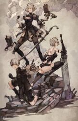  1boy 2b_(nier:automata) 2girls 9s_(nier:automata) a2_(nier:automata) android arm_support armlet ass back bare_shoulders black_dress black_hairband black_jacket black_shorts black_tank_top blue_eyes boots breasts catthy_trinh cleavage cleavage_cutout clothing_cutout cube dress drone elbow_gloves english_commentary feather-trimmed_sleeves feather_trim gloves grey_hair hair_over_one_eye hairband high_heel_boots high_heels highres holding_cube jacket jewelry joints juliet_sleeves large_breasts long_sleeves looking_at_viewer micro_shorts midriff mole mole_under_mouth multiple_girls nier:automata nier_(series) no_blindfold planted planted_sword pod_(nier:automata) puffy_sleeves robot robot_joints rubble short_hair shorts signature smoke squatting standing sword tank_top thighhighs thighhighs_under_boots type-4o_blade virtuous_contract weapon 