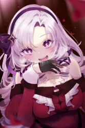  bare_shoulders black_gloves blurry blurry_background blush breasts breath chest_tattoo claw_ring dress drill_hair drill_sidelocks drooling female gloves hair_ornament hair_ribbon hairband heart heart-shaped_pupils hyakumantenbara_salome hyakumantenbara_salome_(1st_costume) juliet_sleeves large_breasts long_hair long_sleeves looking_at_viewer nijisanji ojou-sama_pose open_mouth parted_bangs puffy_sleeves purple_eyes purple_hair purple_hairband purple_ribbon red_dress red_sleeves ribbon saliva scorpion_tattoo shitsu_(kurikaesi) sidelocks smile solo star_(symbol) star_hair_ornament symbol-shaped_pupils tattoo teeth upper_body virtual_youtuber 