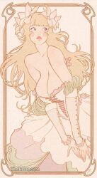  art_nouveau blonde_hair breasts brown_eyes cleavage commentary corset cowboy_shot dress female flower hair_flower hair_ornament large_breasts lips long_hair looking_to_the_side off-shoulder_dress off_shoulder original solo symbol-only_commentary the_insaneum 