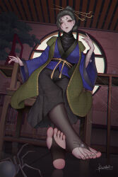  black_hair black_myth:_wukong black_socks breasts bug chair chinese_clothes chinese_commentary crossed_ankles facial_mark feet female foot_focus forehead_mark fourth_sister_(black_myth:_wukong) grey_nails hair_ornament hair_stick highres large_breasts long_hair looking_at_viewer nail_polish no_shoes runny_makeup silk sitting skirt socks soles solo spider spider_web stirrup_legwear toeless_legwear toenail_polish toenails toes variant_set xiumu_bianzhou yellow_eyes 