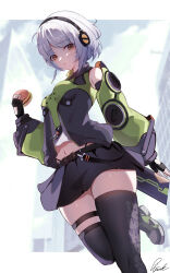  absurdres anby_demara bare_shoulders belt belted_skirt black_gloves black_headphones black_skirt black_thighhighs blurry blurry_background breasts burger female fingerless_gloves food gloves green_jacket green_sleeves grey_hair headphones highres holding holding_burger holding_food jacket knees_up long_hair long_sleeves looking_at_viewer multicolored_sleeves navel orange_eyes pisuke_(user_kcmh2774) short_hair skirt sleeveless sleeveless_jacket small_breasts solo thigh_belt thigh_strap thighhighs white_hair white_undershirt zenless_zone_zero 