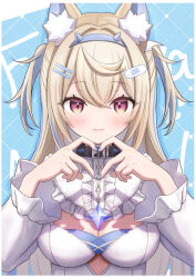  :3 absurdres animal_ear_fluff animal_ears black_choker blonde_hair blue_nails breasts choker cleavage closed_mouth clothing_cutout detached_collar dog_ears female frilled_shirt_collar frilled_sleeves frills fuwawa_abyssgard hair_ornament hairband hairclip hands_up heart heart_hands highres hololive hololive_english large_breasts long_hair long_sleeves looking_at_viewer multicolored_hair nail_polish red_eyes sakuraume shirt smile solo streaked_hair two_side_up underboob_cutout upper_body virtual_youtuber white_shirt 