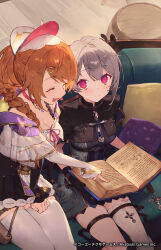  2girls :d atelier_(series) atelier_resleriana barrel black_capelet blue_eyes blush book braid breasts brown_hair capelet choker closed_eyes closed_mouth commentary_request copyright_notice couch cowboy_shot detached_sleeves dress frilled_dress frills grey_hair hair_ornament hairclip hat highres holding holding_book indoors johanna_(atelier) long_hair long_sleeves looking_at_viewer medium_breasts mole mole_under_eye multiple_girls noco_(adamas) official_art on_couch open_book open_mouth pink_choker pink_eyes pink_ribbon pointing resna_sternenlicht ribbon second-party_source sitting smile thigh_strap thighhighs white_dress white_thighhighs 