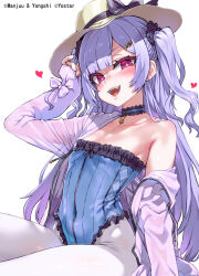  ajax_(azur_lane) asanagi azur_lane bare_shoulders blue_one-piece_swimsuit blush breasts choker collarbone commentary_request covered_navel female frilled_choker frilled_one-piece_swimsuit frills heart highleg highleg_one-piece_swimsuit highres jacket long_hair long_sleeves looking_at_viewer oerba_yun_fang official_art one-piece_swimsuit open_clothes open_jacket open_mouth pantyhose pink_eyes purple_hair purple_jacket simple_background single_off_shoulder sleeves_past_wrists small_breasts smile solo strapless strapless_one-piece_swimsuit swimsuit teeth upper_teeth_only white_background white_pantyhose 