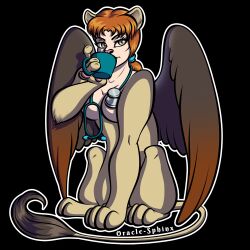  accessory coffee_mug covered_breasts doctor drinking_coffee felid female feral hair_accessory hairband mammal medical_instrument mythological_creature mythological_sphinx mythology oracle_sphinx paws scientific_instrument solo stethoscope tail tail_tuft tuft wings 