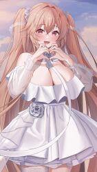  anchorage_(azur_lane) anchorage_(oath_of_sunsets_and_fireworks)_(azur_lane) azur_lane blush breasts brown_hair cleavage cloud cloudy_sky commentary_request cowboy_shot dot_nose dress female hair_between_eyes hair_intakes hair_ornament heart heart_hands highres large_breasts long_hair looking_at_viewer off-shoulder_dress off_shoulder official_alternate_costume open_mouth red_eyes see-through see-through_sleeves sky smile solo two_side_up white_dress wynnblue 