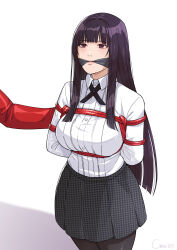  1other absurdres black_hair blunt_bangs bondage breasts cirenk cleave_gag cloth_gag commission cowboy_shot female gag gagged highres improvised_gag jabami_yumeko kakegurui long_hair pantyhose red_eyes rope shirt white_background white_shirt 