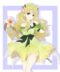  atelier_(series) atelier_ayesha ayesha_altugle bare_shoulders blonde_hair brown_eyes closed_mouth commentary_request cowboy_shot dress drop_shadow female flower green_dress hair_flower hair_ornament hand_up holding holding_staff karasumi_(aiseec) long_hair looking_at_viewer off-shoulder_dress off_shoulder pink_flower smile solo staff standing wrist_cuffs 