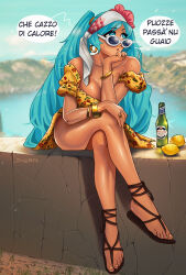  aqua_eyes aqua_hair bare_shoulders blurry blurry_background bottle bracelet breasts crossed_legs dorn dress earrings female flower food fruit full_body glint hair_flower hair_ornament hatsune_miku highres hoop_earrings italian_text italy jewelry lemon long_hair medium_breasts off-shoulder_dress off_shoulder pink_flower print_dress ring sandals signature solo speech_bubble sunglasses sweatdrop twintails very_long_hair vocaloid white-framed_eyewear yellow_dress 