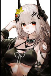  arknights armlet bikini black_bikini female flower hair_flower hair_ornament highres horns infection_monitor_(arknights) jewelry material_growth mudrock_(arknights) mudrock_(silent_night)_(arknights) necklace official_alternate_costume oripathy_lesion_(arknights) pointy_ears red_eyes runamonet solo swimsuit white_hair yellow_flower 