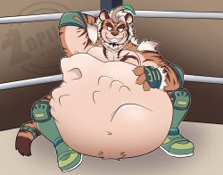  3_fingers anthro belly belly_bump big_belly boots clothing felid fighting_ring fingerless_gloves fingers footwear gloves hair handwear hi_res hombre_tigre_(tas) lifewonders male mammal navel pantherine pecs raised_arms shoes sitting solo tiger tokyo_afterschool_summoners vore white_hair zopilotemenu 