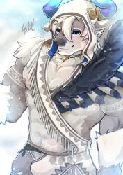  abs absurd_res anthro arm_tuft aschitail beard bigfoot_(tas) blue_eyes bottomwear bovid bovine brown_body brown_fur cattle clothing elbow_tuft facial_hair fur hair hi_res hoodie horn lifewonders loincloth male mammal nipples pecs shoulder_tuft sideburns solo tokyo_afterschool_summoners topwear tuft white_body white_fur white_hair 