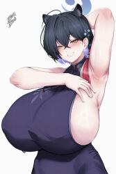  absurdres animal_ears armpit_focus armpits black_dress black_hair blue_archive blue_halo breasts china_dress chinese_clothes cropped_torso crossed_bangs dress female gigantic_breasts hair_between_eyes halo highres kaguya_(blue_archive) medium_hair panther_ears panther_girl simple_background smile solo standing steaming_body sweat teeth white_background yellow_eyes zer0.zer0 