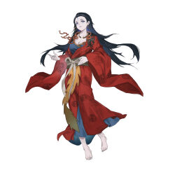  absurdres barefoot black_hair black_myth:_wukong blue_eyeliner blue_nails breasts chinese_clothes chinese_commentary cleavage cola-alter earrings expressionless eyeliner facial_mark female forehead_mark full_body highres jewelry kang-jin_star_(black_myth:_wukong) long_hair looking_at_viewer makeup nail_polish pale_skin purple_eyes sash simple_background solo toenail_polish toenails white_background 