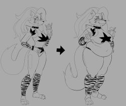  animatronic anthro arm_warmers armwear before_and_after belly belly_jiggle belly_overhang big_breasts biped black_and_grey blush bracelet breasts canid canine canis clothing collar dessert digital_media_(artwork) ear_piercing embarrassed female five_nights_at_freddy&#039;s five_nights_at_freddy&#039;s:_security_breach food hair hand_on_hip hi_res holding_food holding_object huwon ice_cream jewelry jiggling leg_warmers legwear line_art long_hair love_handles machine mammal midriff monochrome navel overweight overweight_anthro overweight_female piercing robot robot_anthro roxanne_wolf scottgames skinny_anthro skinny_female smile solo spiked_bracelet spiked_collar spikes steel_wool_studios thick_thighs tongue tongue_out weight_gain wolf 