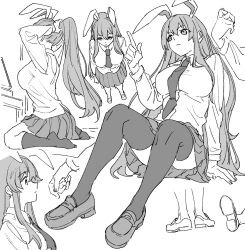  :/ adjusting_hair animal_ears arm_support arms_behind_head breasts collared_shirt commentary_request female finger_gun from_above from_side full_body greyscale highres large_breasts loafers long_hair long_sleeves mero_(starfish_jcs) monochrome multiple_views necktie rabbit_ears rabbit_girl reisen_udongein_inaba shirt shoes simple_background sitting thighhighs touhou tying_another&#039;s_hair very_long_hair wariza white_background 