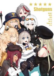  6+girls aa-12_(girls&#039;_frontline) beret black_eyes blonde_hair blue_eyes candy chaciooh character_name chocolate chocolate_bar closed_eyes eyewear_on_head food fp-6_(girls&#039;_frontline) girls&#039;_frontline grey_hair hat horns hug jacket ksg_(girls&#039;_frontline) long_hair looking_at_another looking_at_viewer m1887_(girls&#039;_frontline) m870_(girls&#039;_frontline) messy_hair multicolored_hair multiple_girls open_mouth police_hat red_eyes red_hair s.a.t.8_(girls&#039;_frontline) saiga-12_(girls&#039;_frontline) smile star_(symbol) streaked_hair tail white_hair yellow_eyes 