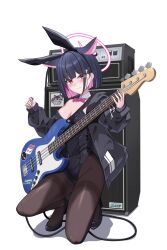  alternate_costume animal_ears bass_guitar black_leotard blue_archive cat_ears colored_inner_animal_ears colored_inner_hair detached_collar extra_ears fake_animal_ears female fender_jazz_bass halo hibika highres instrument kazusa_(band)_(blue_archive) kazusa_(blue_archive) leotard multicolored_hair official_alternate_costume pantyhose pink_hair pink_halo playboy_bunny rabbit_ears solo strapless strapless_leotard 