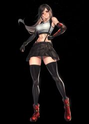  abs bare_shoulders black_background black_hair black_skirt breasts brown_hair clenched_hands colored_inner_hair commentary_request crop_top elbow_pads female final_fantasy final_fantasy_vii final_fantasy_vii_remake fingerless_gloves gloves hand_on_own_hip highres large_breasts long_hair looking_at_viewer low-tied_long_hair miniskirt multicolored_hair navel parted_bangs pleated_skirt red_eyes red_footwear shirt skirt smile solo suspender_skirt suspenders tank_top taut_clothes taut_shirt temoc thighhighs tifa_lockhart white_tank_top 