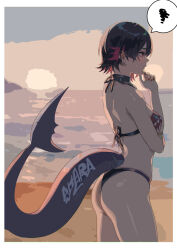  alternate_costume ass beach black_bikini_bottom black_choker black_hair blush border breasts choker colored_inner_hair commentary cowboy_shot dusk ellen_joe female fins fish_tail from_side hand_on_own_chin hand_up highres horizon medium_breasts multicolored_hair ocean red_eyes red_hair red_nails shark_girl shark_tail short_hair solo speech_bubble standing sunset swimsuit symbol-only_commentary tail thighs tight_(ohmygod) two-tone_hair white_border zenless_zone_zero 