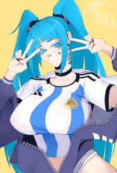  absurdres alternate_breast_size aqua_eyes aqua_hair argentina black_choker breasts choker colored_eyelashes covered_nipples doli_palta double_v earrings female hatsune_miku highres jacket jewelry large_breasts long_hair looking_at_viewer nose_piercing open_clothes open_jacket parted_lips piercing print_shirt shirt short_sleeves smile solo twintails upper_body v very_long_hair vocaloid yellow_background 