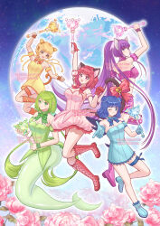  5girls aizawa_mint animal_ears bare_shoulders bell bird_girl bird_tail bird_wings blonde_hair blue_eyes blue_hair bow braid breasts bridal_garter cat_ears cat_girl cat_tail choker cleavage clip_studio_paint_(medium) commentary detached_sleeves double_bun dress english_commentary fong_pudding fujiwara_zakuro gloves green_choker green_eyes green_hair green_leotard hair_bun highres holding holding_wand jingle_bell leotard long_hair looking_at_viewer magical_girl mermaid mew_ichigo mew_lettuce mew_mint mew_pudding mew_zakuro midorikawa_lettuce midriff momomiya_ichigo monkey_ears monkey_girl monkey_tail monster_girl multiple_girls nao_(sprinkanao) open_mouth pink_choker pink_eyes pink_hair puffy_detached_sleeves puffy_sleeves purple_choker purple_eyes purple_hair purple_tube_top red_gloves short_hair smile strapless tail tail_bell tail_bow tail_ornament tokyo_mew_mew tokyo_mew_mew_new tube_top wand watermark wings wolf_ears wolf_girl 